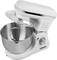 Kitchen mixer in white with stainless steel mixing and kneading attachments. Ideal for mixing and kneading dough. Brand name visible below.