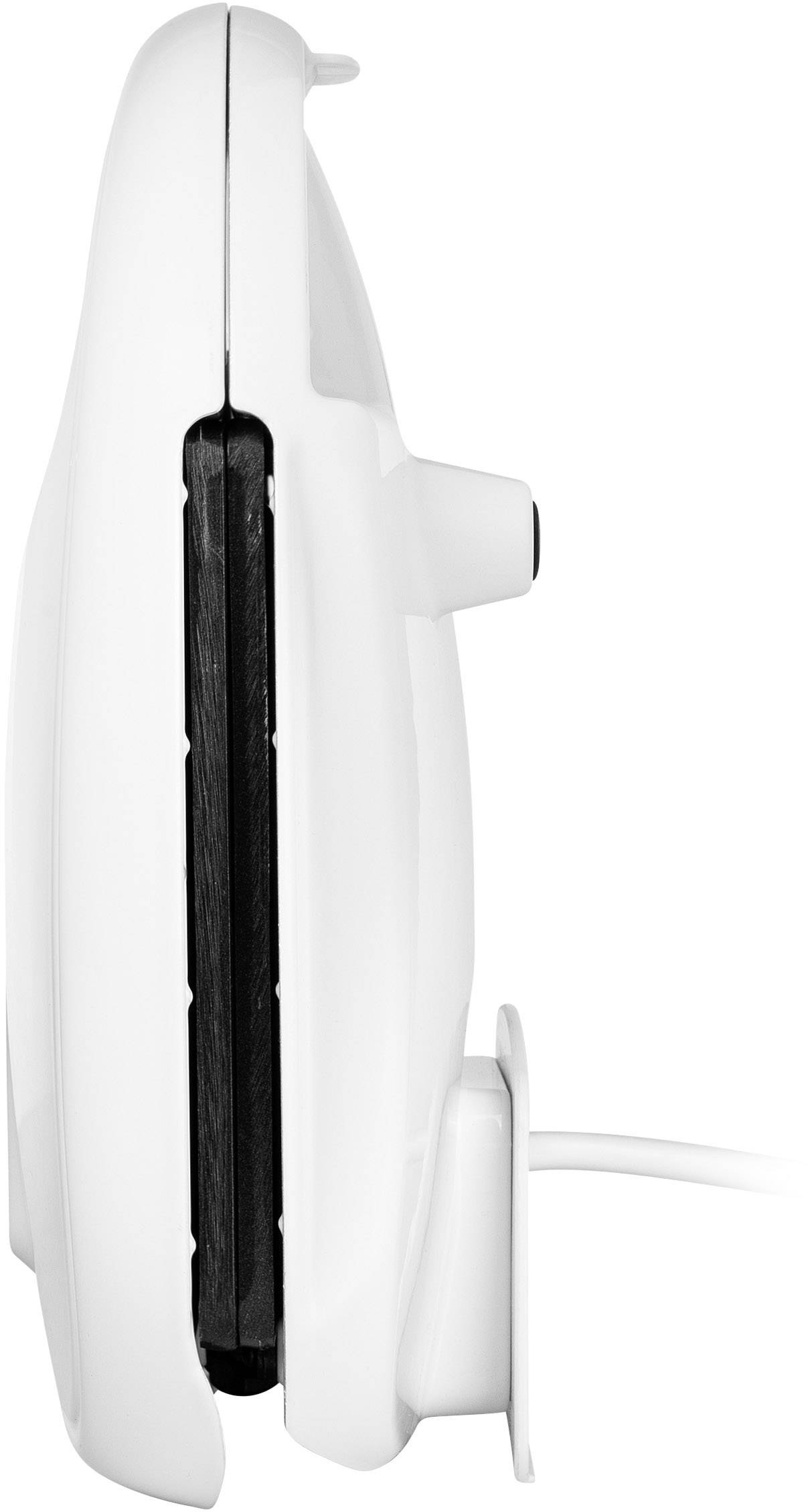 Side view of a white, closed waffle iron with a power cord.