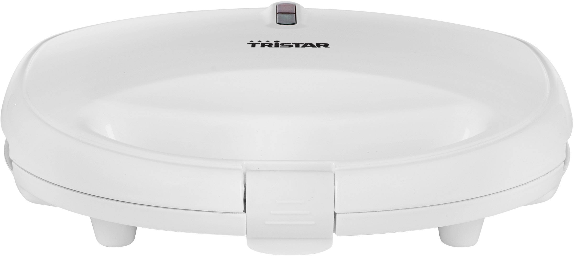 A white electric waffle maker, closed, with a red control light on top. The appliance is by the brand Tristar.