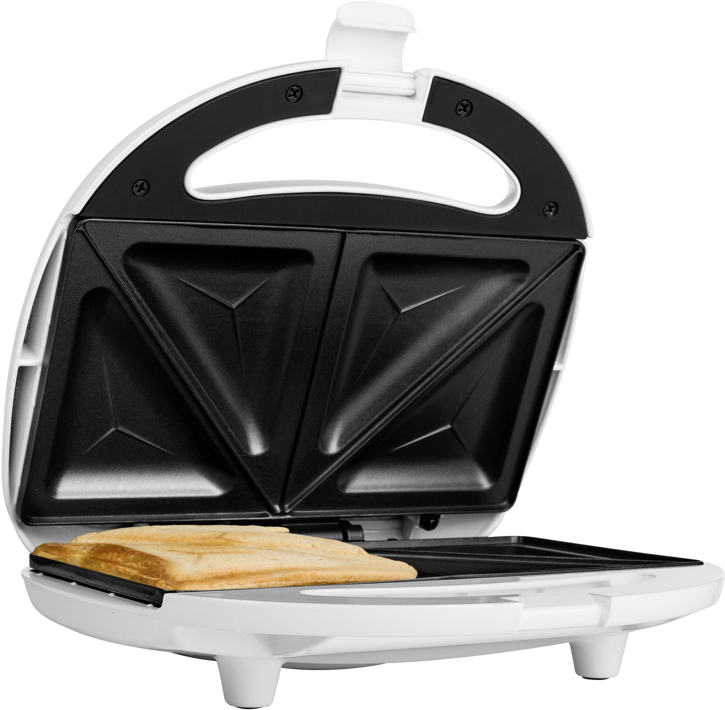 An open sandwich toaster with a toasted sandwich inside. The appliance is white and has two triangular toasting surfaces.