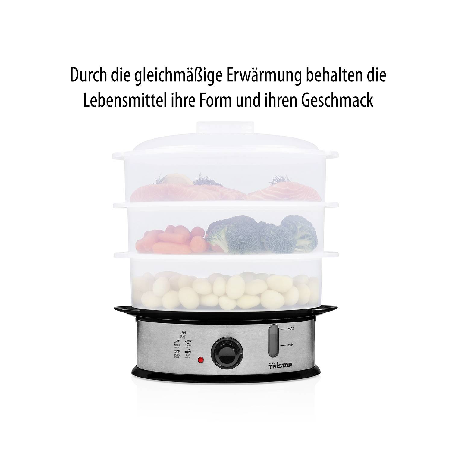 An electric steamer with three transparent levels containing food. Text at the top: 'Through even heating, the food retains its shape and flavour'.