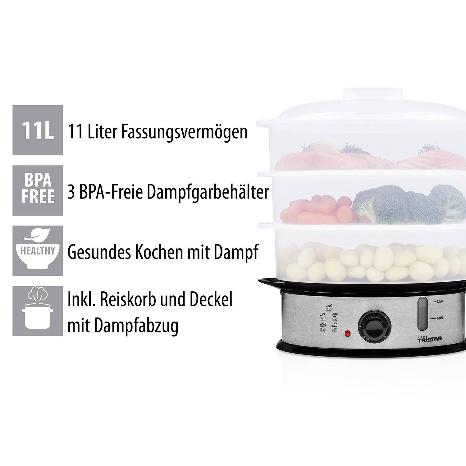 'Steam cooker with 11-litre capacity. Contains three BPA-free steam cooking containers. Ideal for healthy steam cooking, including rice basket and lid.'