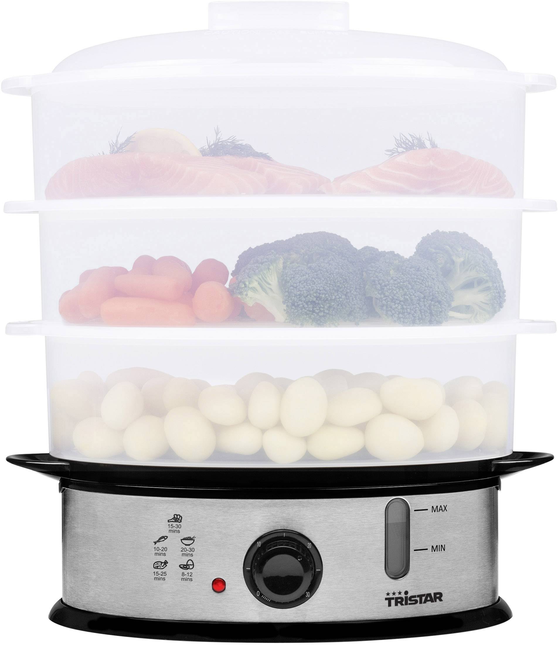 A three-tier steamer with salmon, carrots, broccoli and eggs. The display shows settings for minimum and maximum.