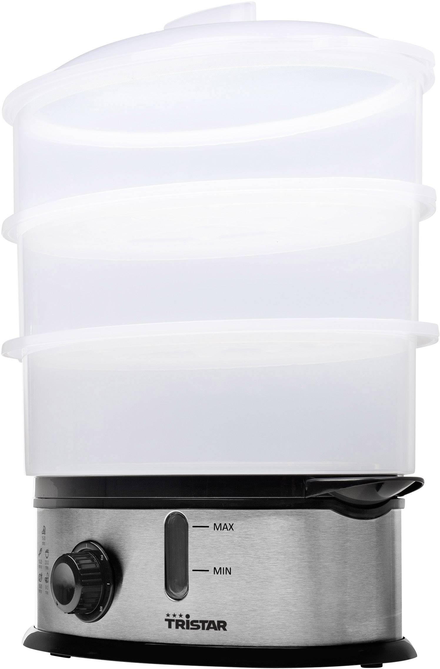 Steam cooker with three stackable plastic containers and a stainless steel casing, with a rotary knob located on the front.