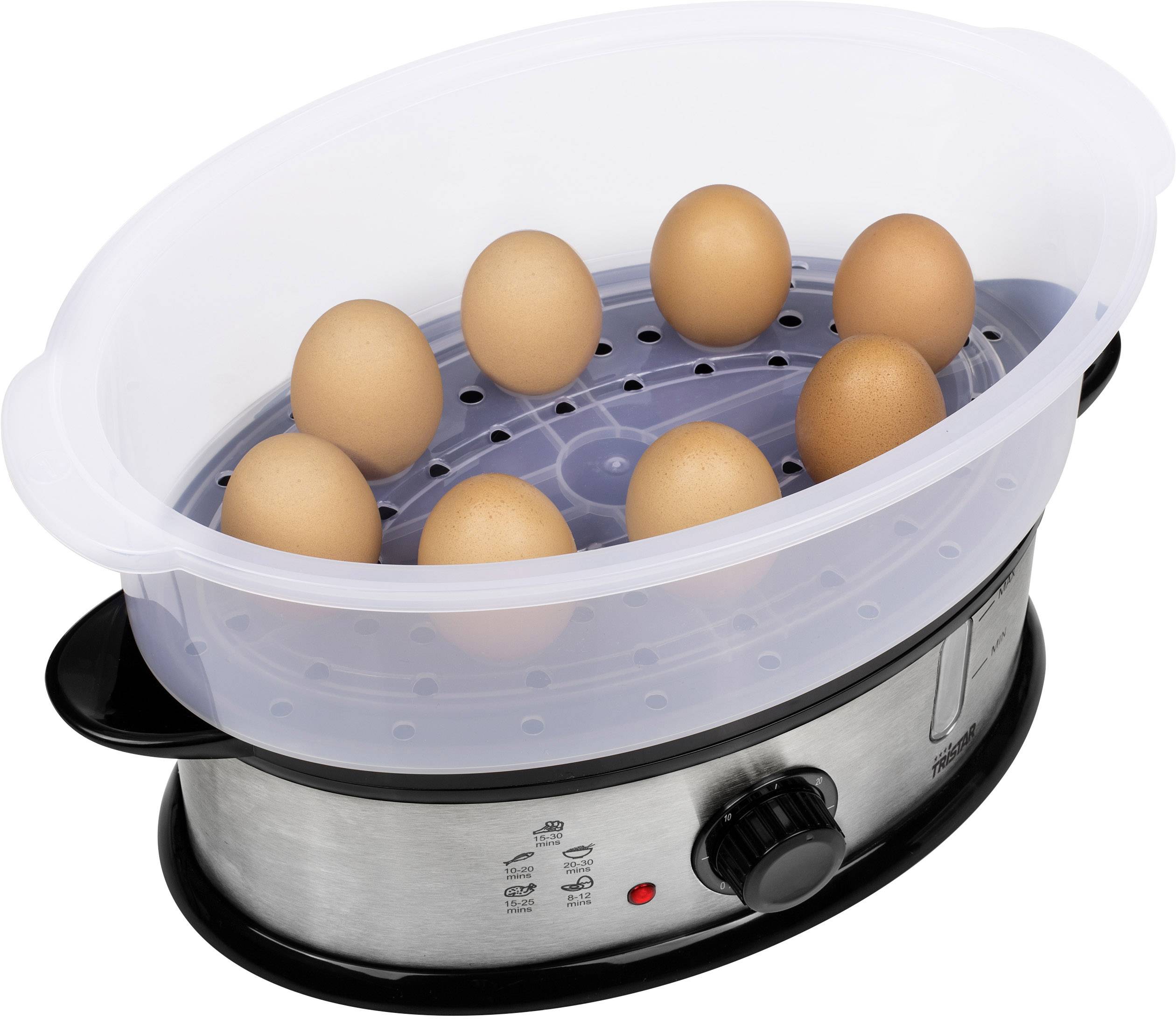 Steam cooker with eight brown eggs in a transparent steam container on a silver base.