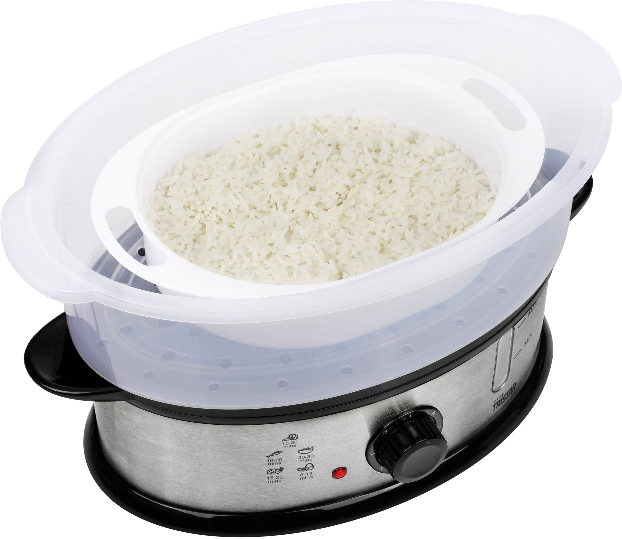 Rice cooker with a stainless steel casing, filled with cooked white rice. Large, transparent steaming attachment visible.