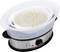 Rice cooker with a stainless steel casing, filled with cooked white rice. Large, transparent steaming attachment visible.