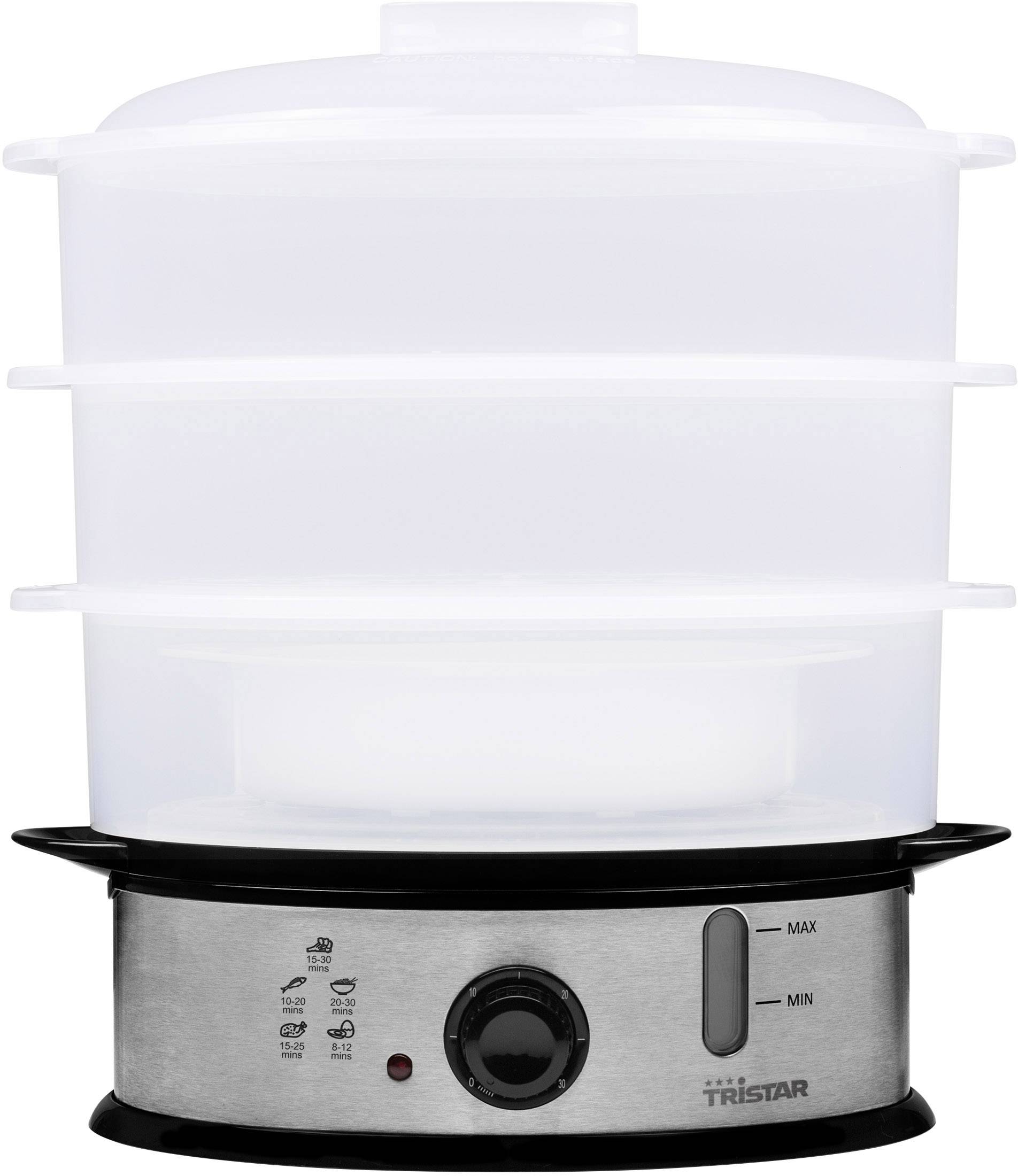 Steam cooker with three transparent levels and a rotary knob for temperature adjustment. Brand: Tristar.