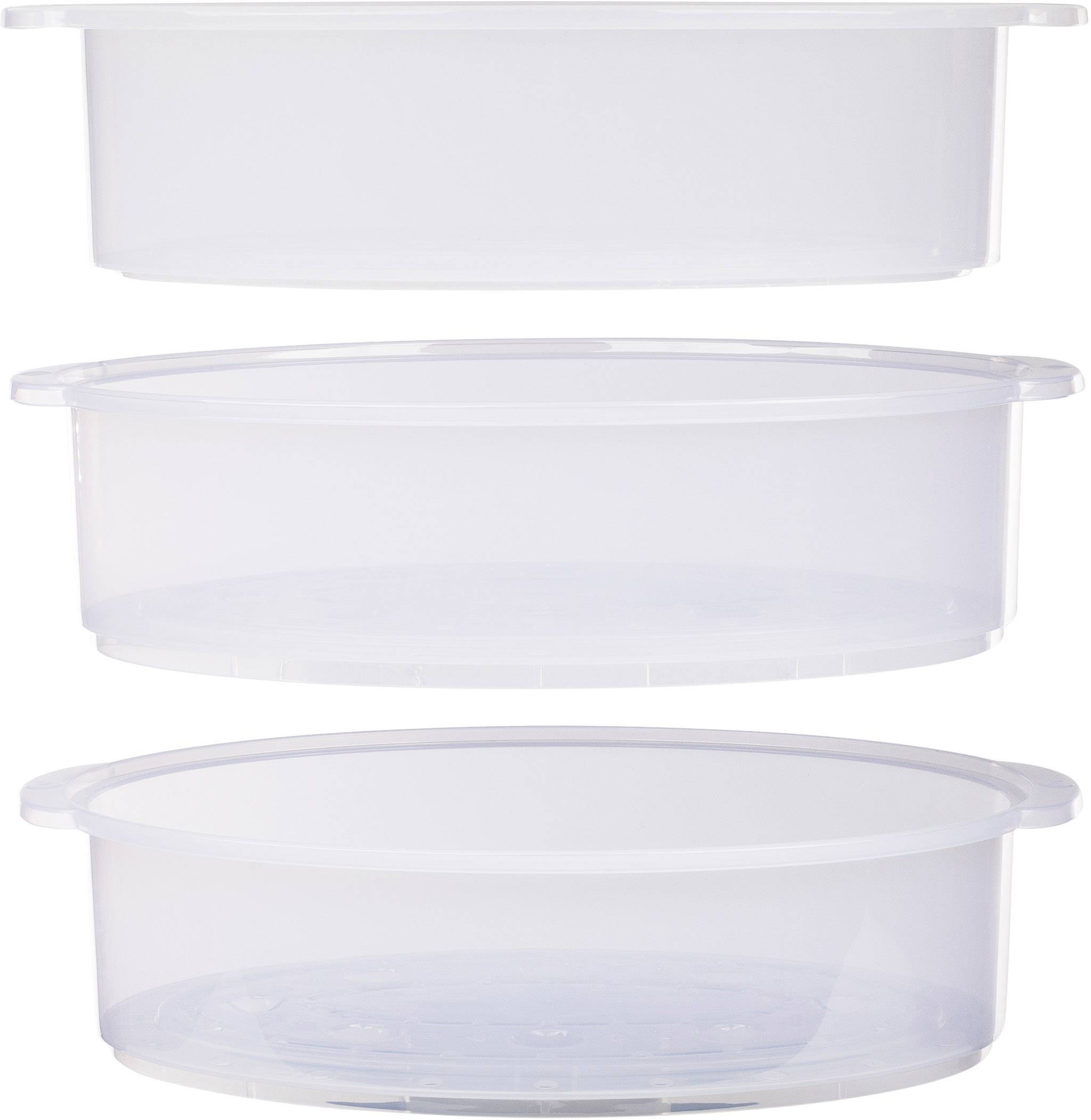 Three transparent round plastic containers, stacked on top of each other. They are suitable for storing food.