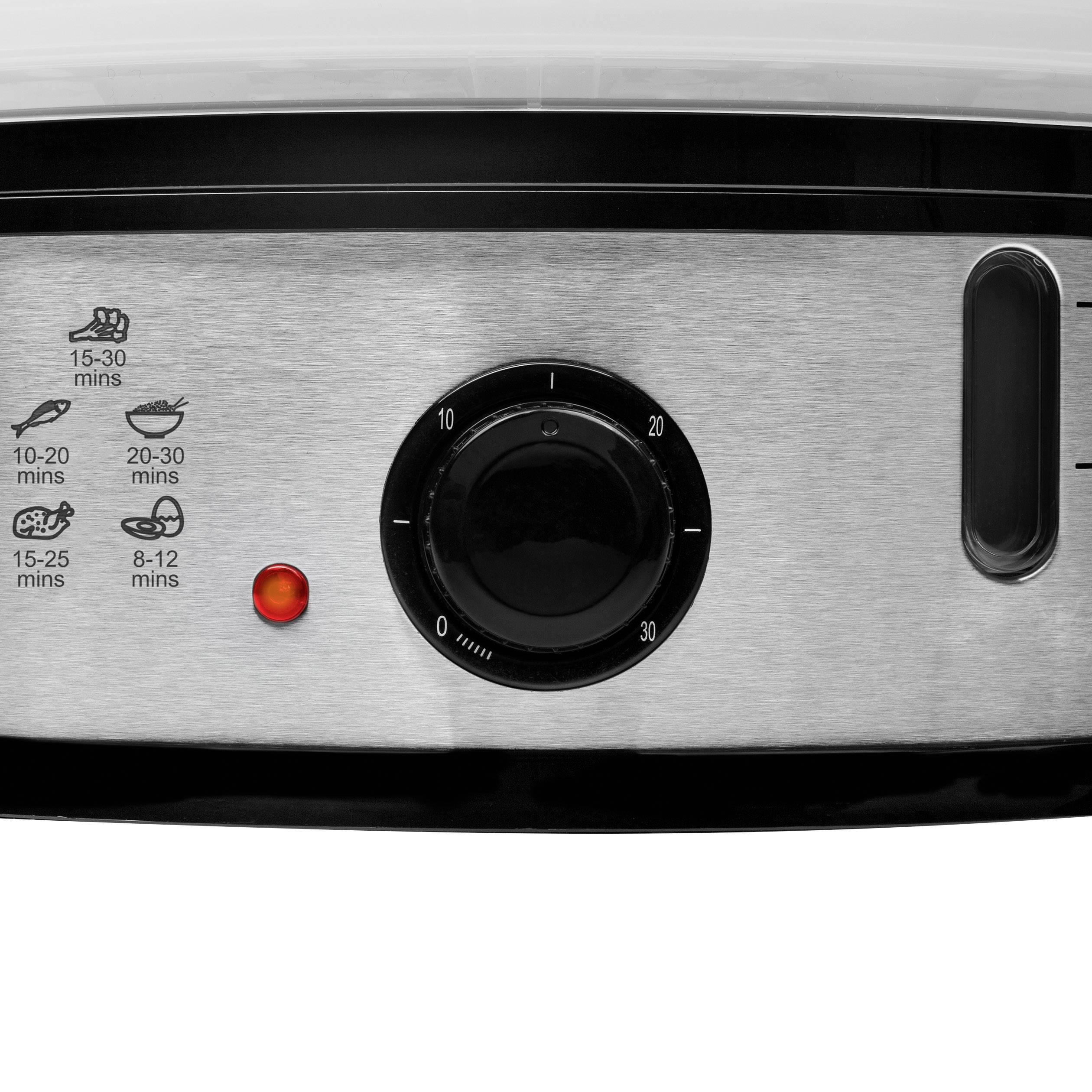 Timer Settings on a Kitchen Appliance: 15-30 minutes for meat, 10-20 minutes for fish, 8-12 minutes for vegetables. Central round control dial.