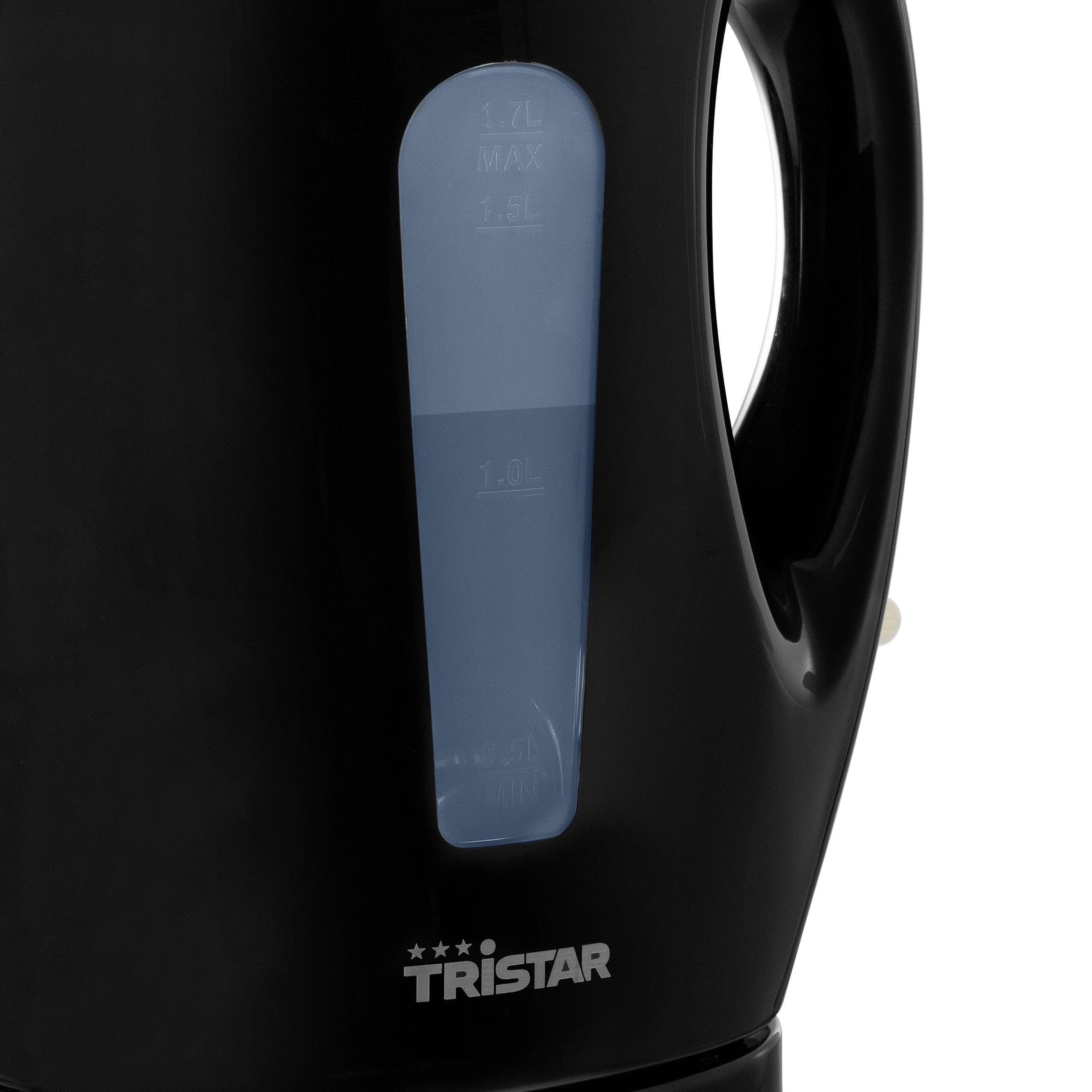 Black kettle with water level indicator on the side, brand name 'Tristar' underneath.
