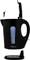 Black electric kettle with open lid and removable base.