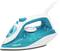 A blue and white steam iron with temperature control and non-slip handle, brand name on the side.