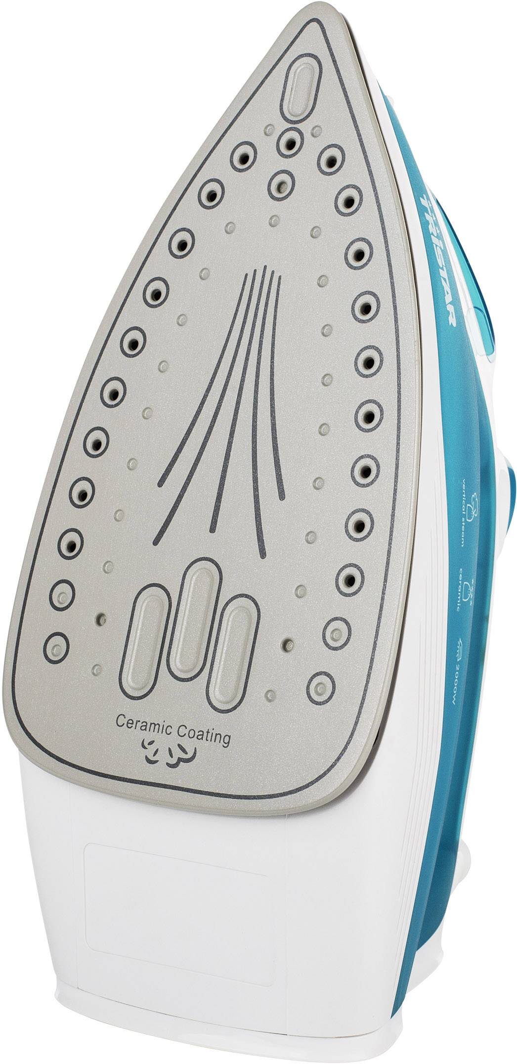 Iron with ceramic soleplate, vertical steam outlet. White and blue design, view of the underside with steam holes.