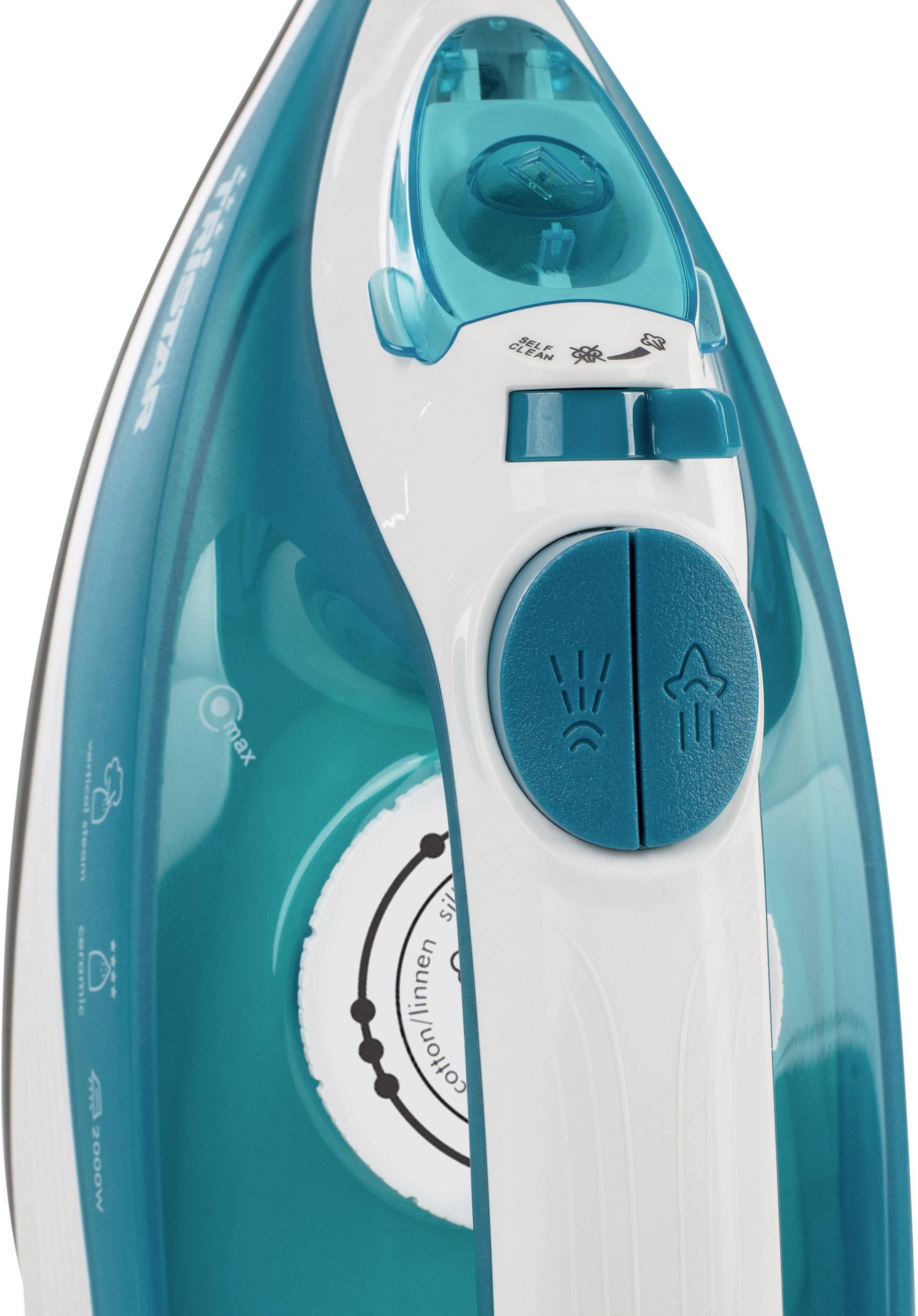 Iron with a blue water tank and temperature setting for cotton. Steam and water spray indicators visible.