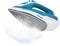 An iron viewed at an angle, steaming. White and blue colouration, with the brand name visible on the side.