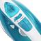A blue and white steam iron with controls for temperature and steam intensity, including a self-cleaning function.
