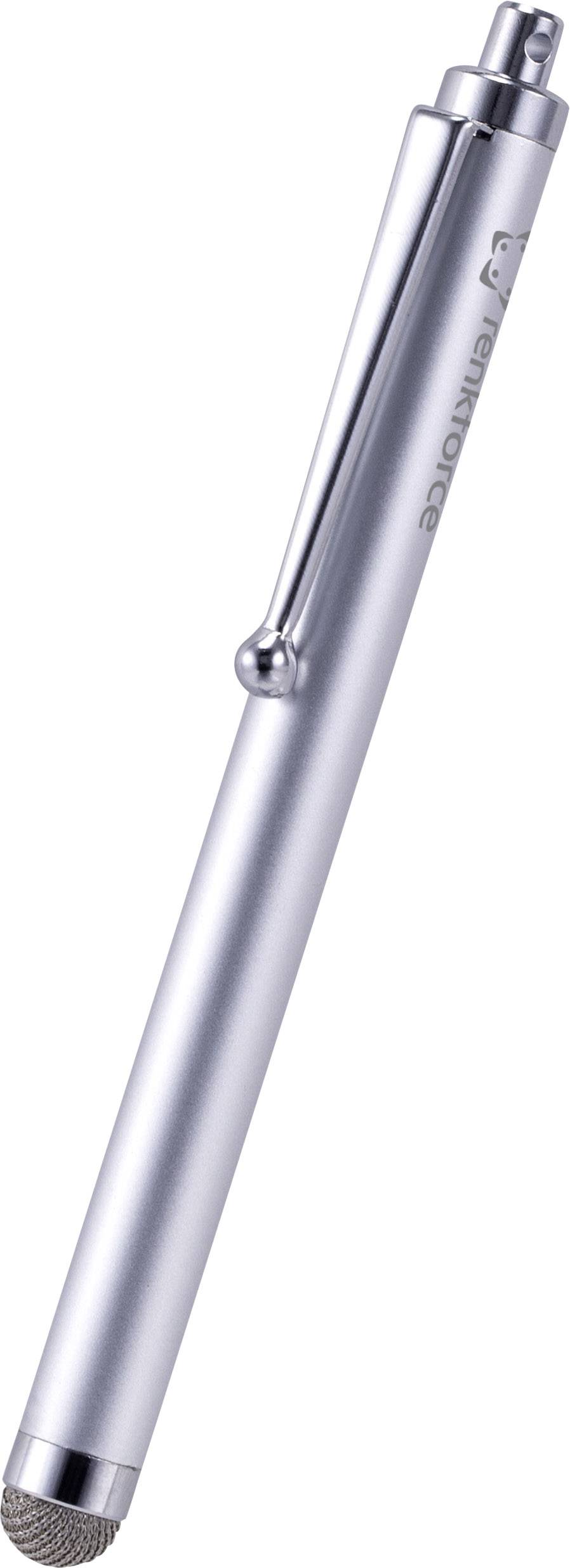 Silver-coloured touchscreen stylus with a side clip, suitable for tablets and smartphones.