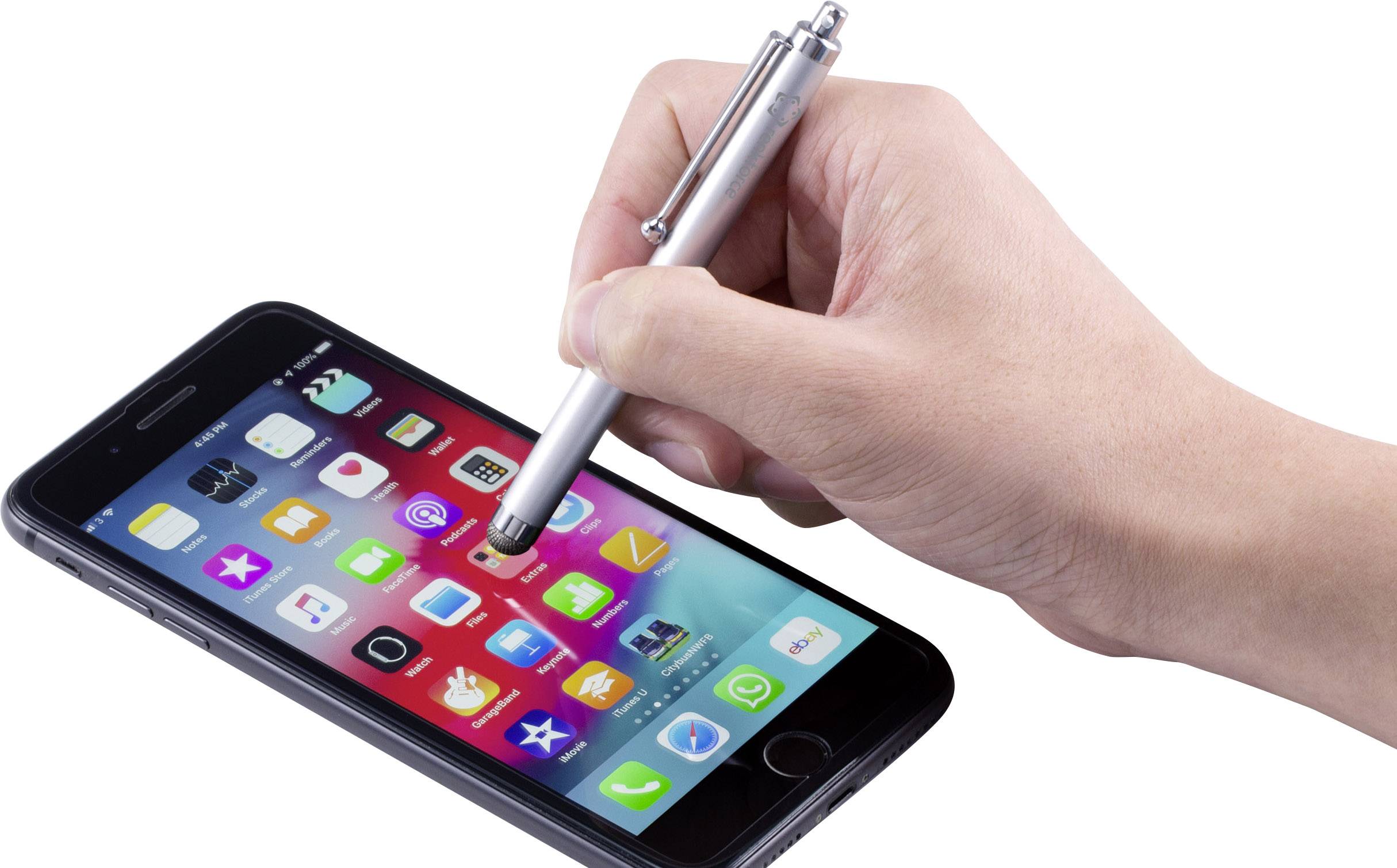 A hand uses a stylus on a smartphone screen filled with colourful app icons.