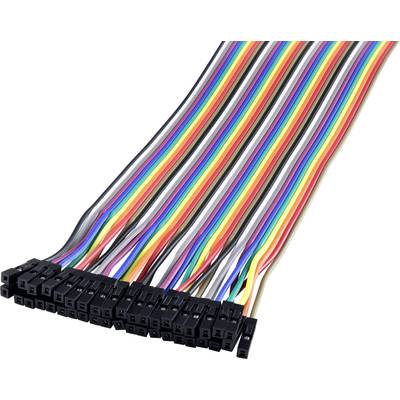 Multicoloured flat ribbon cables with black connectors. Perfect for electronic projects connecting components.