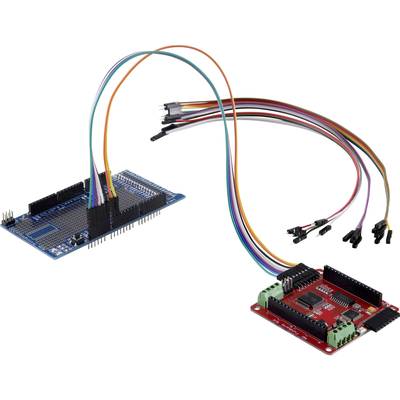 Two electronic circuit boards, connected by multi-coloured cables. On the left, a blue circuit board; on the right, a red circuit board with green connectors.