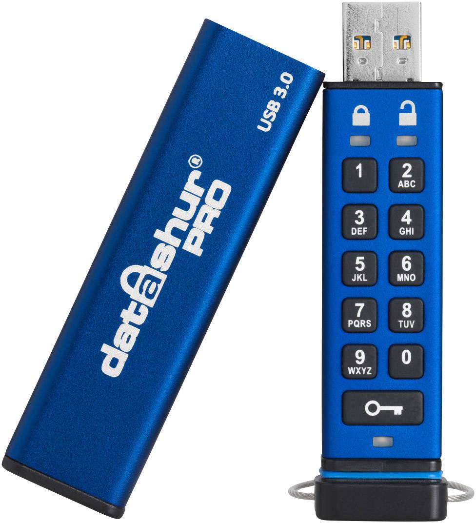 USB drive with security features, blue. Displays a numeric keypad for PIN entry and a removable protective cover.