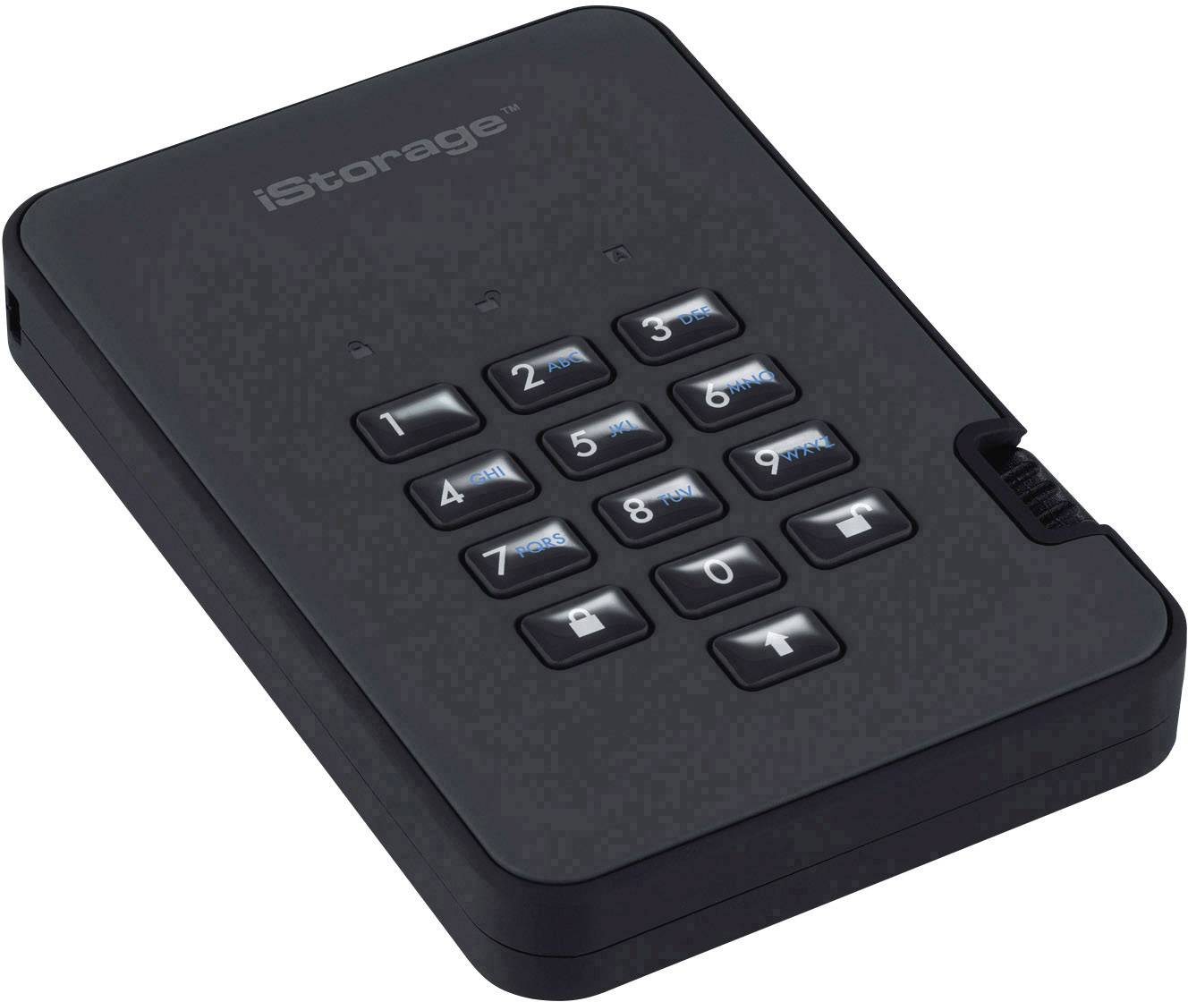 External hard drive with a number pad for entering an access code for protection. Black casing with illuminated numeric keys.