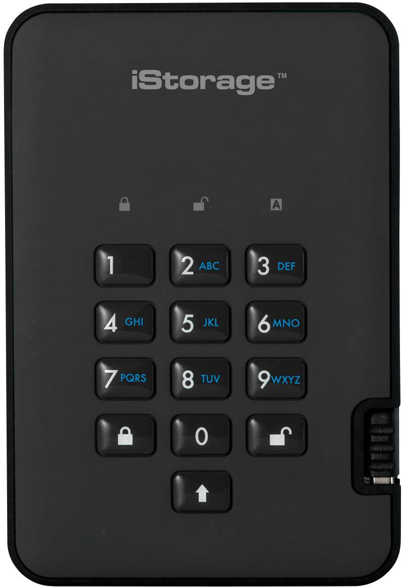 External hard drive with keypad for entering a PIN.