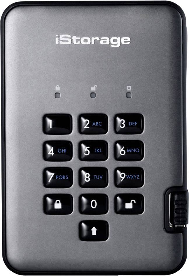 External hard drive with numeric keypad, keys 0-9 and letters, brand 'iStorage', security and data protection symbols on top.