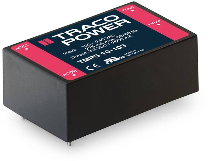 Black Traco Power module with red and black label. Specifications: Input 100-240 VAC, Output 5 VDC/780 mA, 3.9 W. Model number: TMPS 10-103.