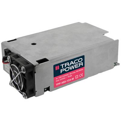 A rectangular power supply from Traco Power with a fan on one side, suitable for 100-240VAC, output: 24VDC, 18.8A.