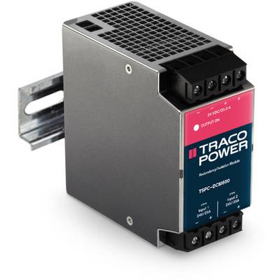 A black power supply enclosure from Traco Power with a red and blue label, mounted on a metal rail.