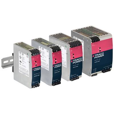 Four switched-mode power supplies with the 'TRACO POWER' logo in various sizes. They have metal casings and red labels.