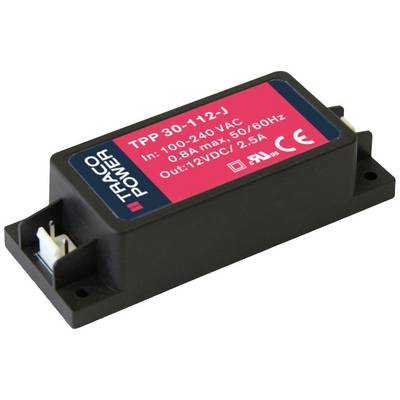 Compact Traco Power Voltage Converter: 'TPP 30-112-J', Input 100-240VAC, Output 12VDC, 2.5A, suitable for electronic applications.