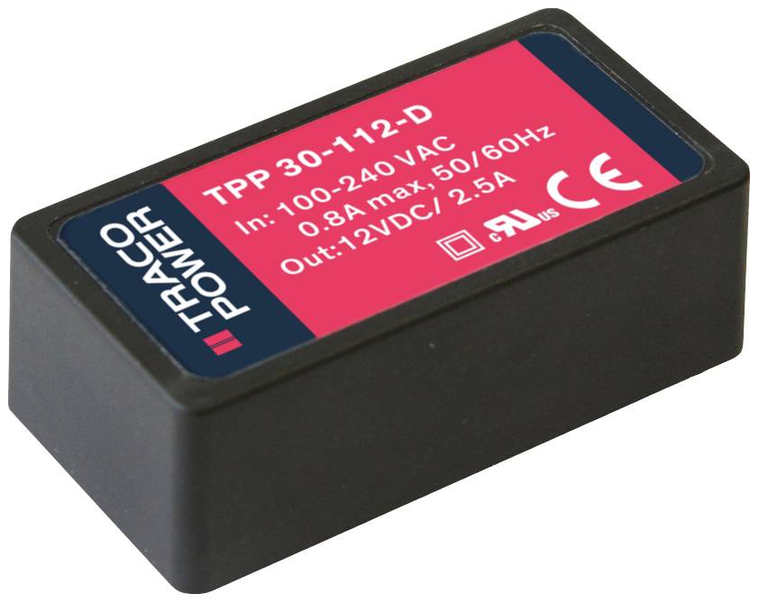 'TRACO POWER' power supply module, Model TPP 30-112-D, Input: 100-240 VAC, 0.8A max, 50/60Hz, Output: 12VDC/2.5A, CE and UL certified.