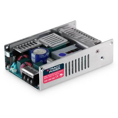 An open metal enclosure reveals an electrical power supply with visible components such as capacitors and inductors, labelled with 'TRACO POWER'.