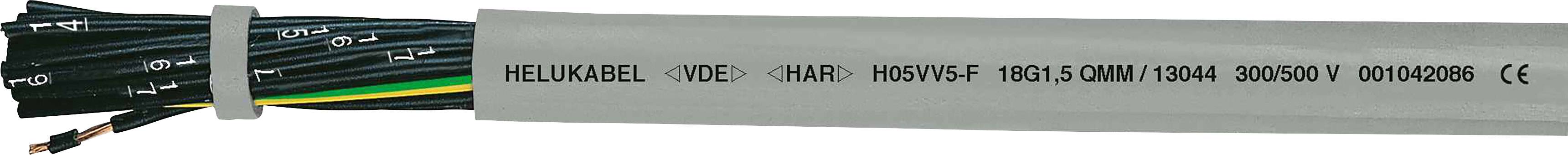 A grey cable with black and green-yellow internal conductors. Labelled with technical specifications and brand name 'HELUKABEL'.