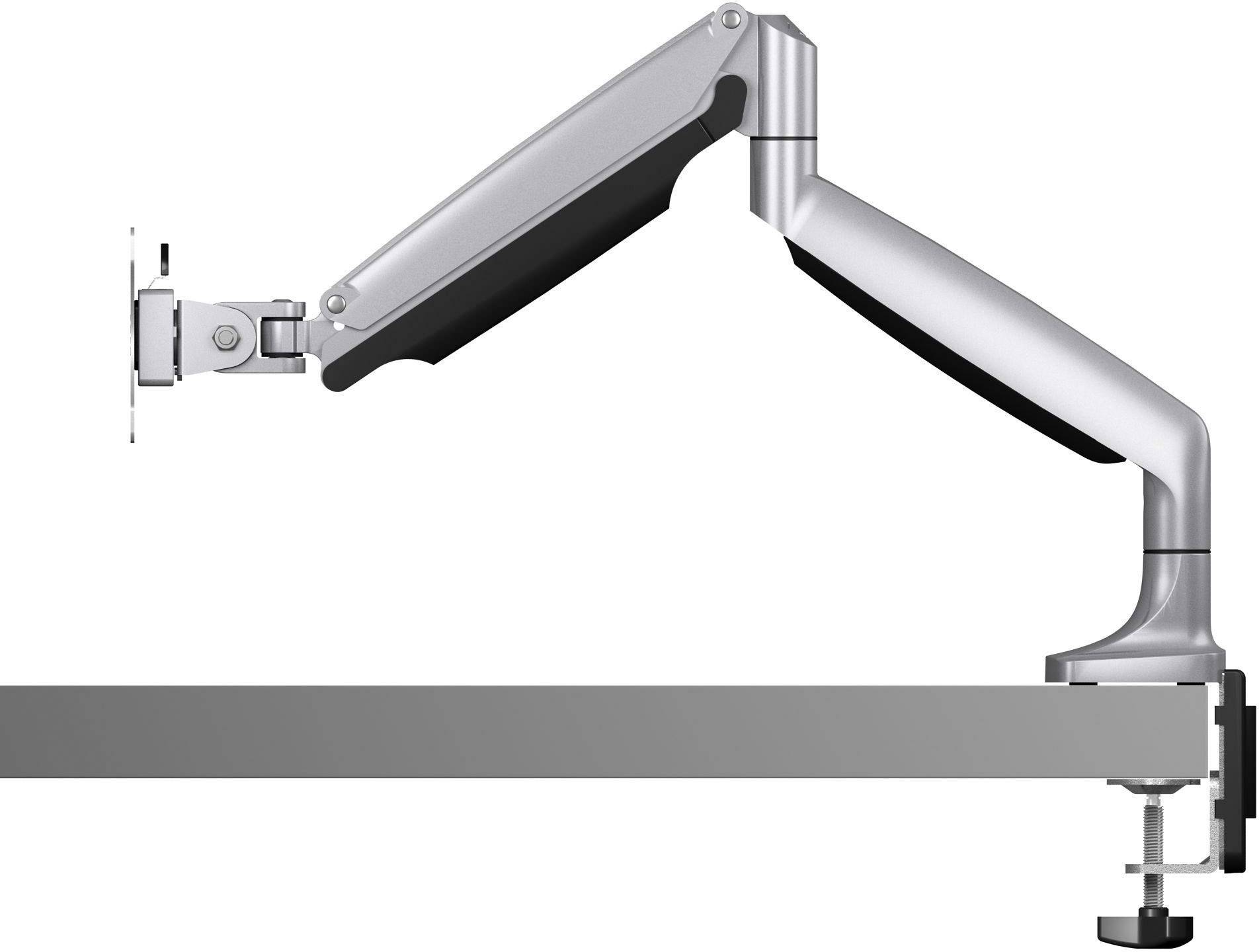 A height-adjustable metal monitor arm is attached to the side of a desk. It features joints that allow for flexible positioning.