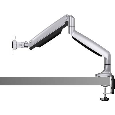 A height-adjustable metal monitor arm is attached to the side of a desk. It features joints that allow for flexible positioning.