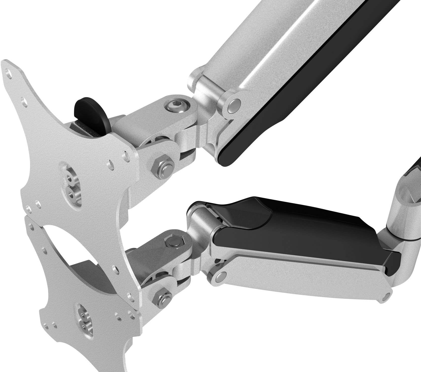 A height-adjustable metal monitor arm with hinges. It allows for flexible positioning of computer screens.