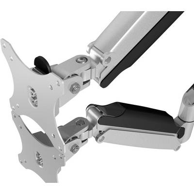A height-adjustable metal monitor arm with hinges. It allows for flexible positioning of computer screens.