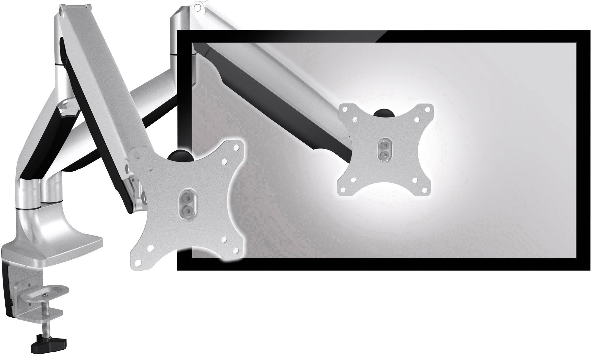 Metal monitor arm with adjustable joint for mounting a screen on the desk edge. Suitable for ergonomic workstations.