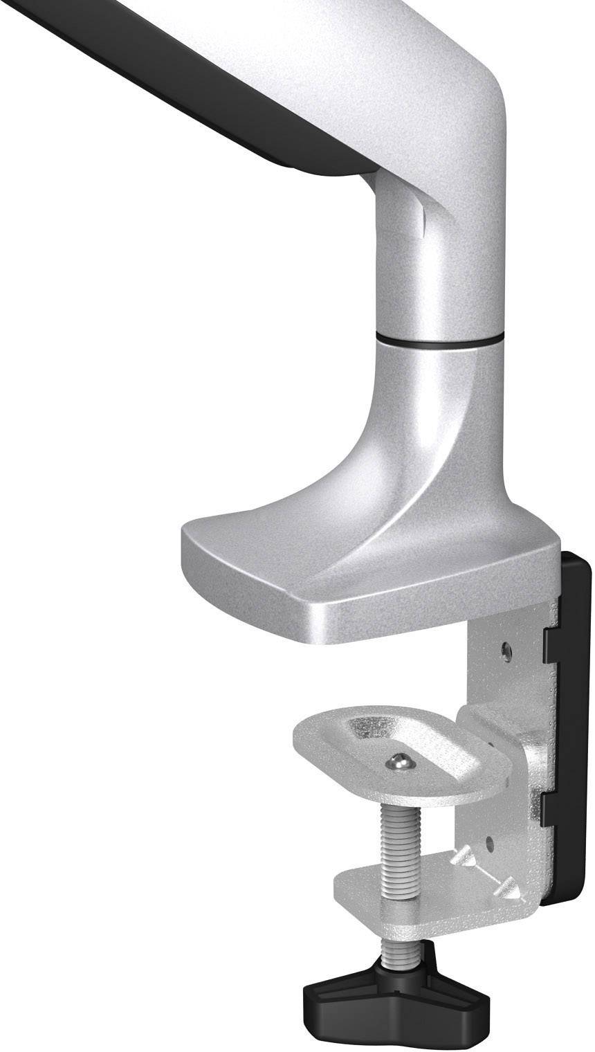 Silver monitor mount with a clamp for attaching to a desk edge. The holder allows height adjustment of the monitor.