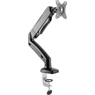Black adjustable monitor arm with desk clamp and VESA mount; suitable for attaching a monitor to a desk.