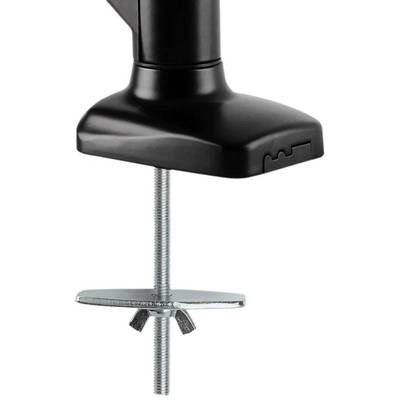Desk-mounted monitor arm clamp secured with a screw to a table.