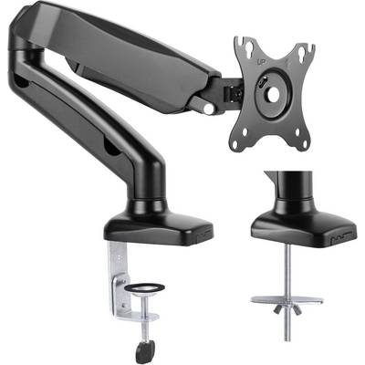 Black monitor arm with desk clamp and VESA mount, for attaching to desks, enables flexible monitor positioning.