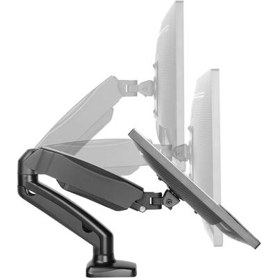 Double monitor arm shows different tilt angles of a monitor. Adjustability and flexibility are illustrated.