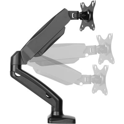 'Swivel monitor arm in black metal, demonstrating three-stage height adjustment from base to VESA mount.'