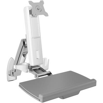 An adjustable monitor arm with an integrated shelf, ideal for ergonomic positioning of screen and keyboard.