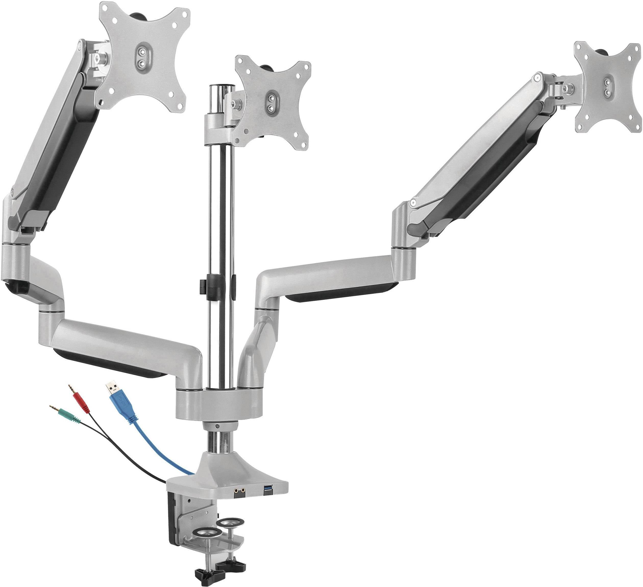 An adjustable monitor arm with two mounting points. Two USB ports and cables are integrated into the base. Ideal for flexible screen positioning.